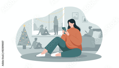 Digital connection concept Woman uses phone at home during Christmas holidays with others