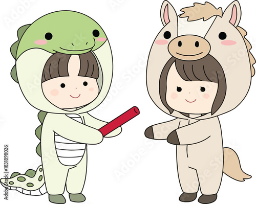 Adorable children's illustration of kids dressed up as a dinosaur and a horse passing a baton, perfect for educational content, children's books, and fun learning activities