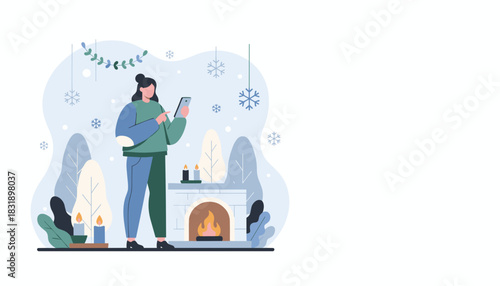 Cozy winter scene Woman using smartphone by the fireplace and candles surrounded by snowflakes