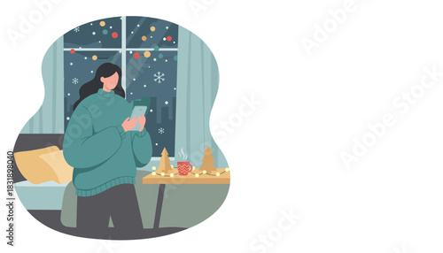 Woman checking phone indoors on a snowy winter evening enjoying holiday comfort and technology