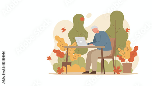 Senior man working remotely on a laptop outdoors among colorful autumn leaves and plants
