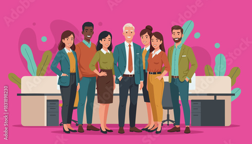 Diverse professional business team and senior manager standing together in a vibrant office setting