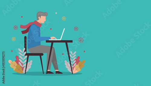 Man working on a laptop in a winter setting Remote holiday work and seasonal technology illustration
