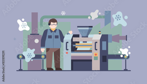 Industrial worker operating freezing machinery on an automated production line