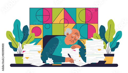 Tired senior man overwhelmed by piles of paperwork Business burnout and stress concept illustration