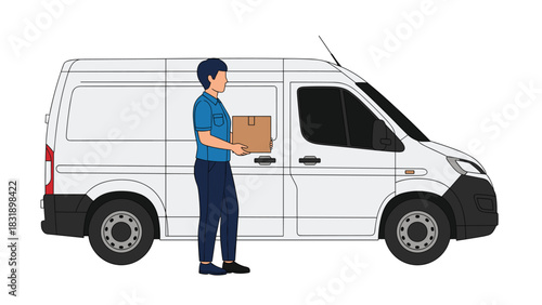 Swift delivery service with modern van and friendly courier carrying package for fast shipping and reliable logistics solutions