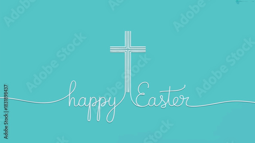 Elegant white line art cross and happy easter text on a clean turquoise background