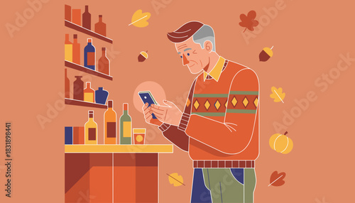 Senior man using smartphone near drinks cabinet in cozy autumn flat vector illustration