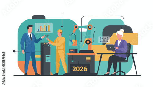 Industry 40 concept Business leaders oversee automated manufacturing with smart robotics