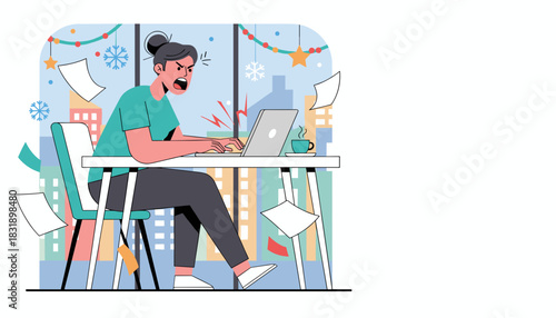 Furious employee battling a stressful deadline in a decorated office Burnout concept