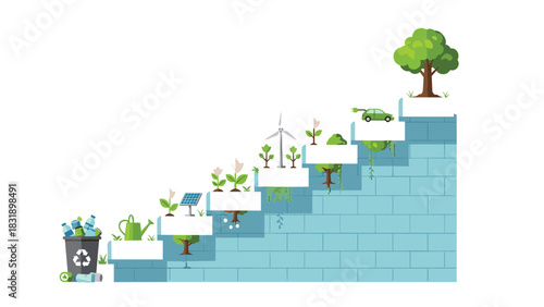 Eco-friendly path to sustainability showing recycling, solar power, wind energy, electric vehicle, and a healthy tree growing