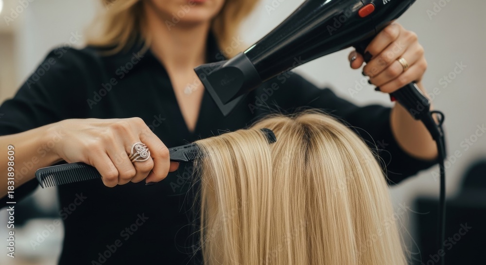 Fototapeta premium Blonde woman styled by a professional with a hairdryer and comb in a salon setting. A blonde stylist uses hairdryer and comb, focused on a client's hair in salon.