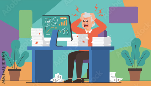 Vector illustration of an overwhelmed senior employee suffering burnout from work stress and excessive paperwork