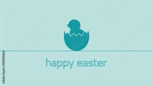 Minimalist happy easter greeting with a teal chick hatching from an egg on a pale blue background