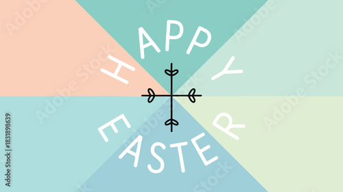 Modern geometric happy easter greeting with pastel colors and minimalist cross symbol