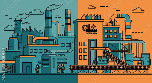 Stylized industrial factory illustration showing production line workers and heavy manufacturing complex