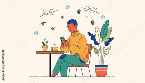 Cozy illustration of person using phone and drinking coffee indoors during winter holidays
