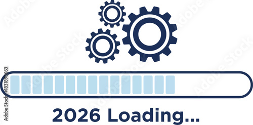 Awaiting 2026 with gears and progress bar, envisioning future innovation and anticipation for the upcoming year, a symbol of progress and development