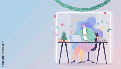Businesswoman working remotely on laptop at Christmas decorated desk Holiday work concept