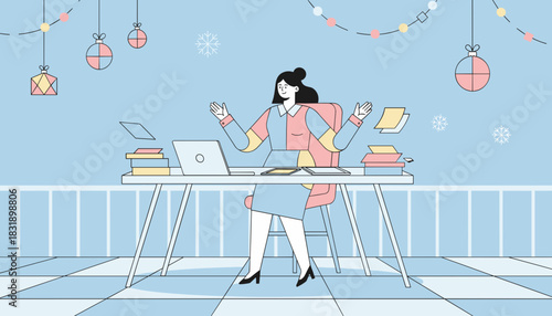 Successful businesswoman completes yearend tasks celebrating holiday work success