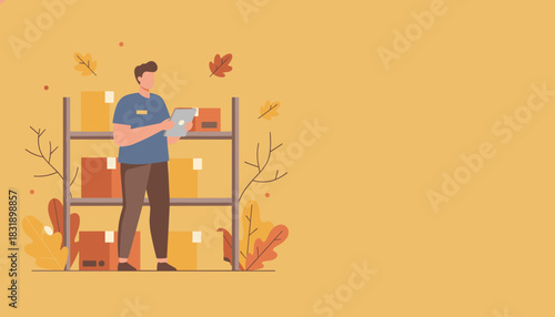 Warehouse worker checking inventory on a tablet near boxes and shelves Logistics and supply chain concept