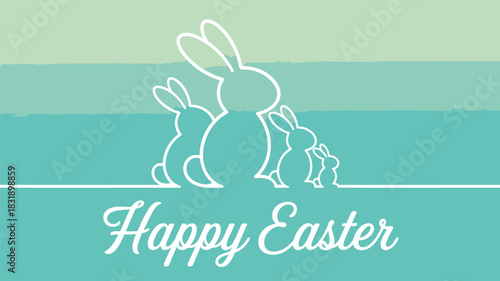 Happy easter greeting card with a family of stylized white rabbits on a pastel gradient background