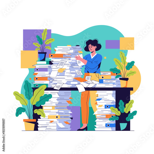 Overworked employee dealing with massive paperwork stack Office stress and bureaucracy concept