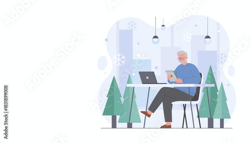Elderly man using tablet and laptop in cozy winter cafe setting Remote work and connectivity