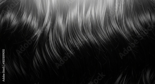 Wavy strands of dark hair with highlights, close-up texture in grayscale.