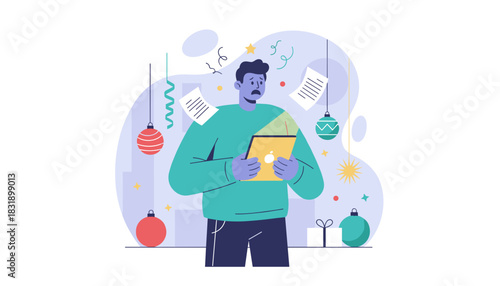 Man stressed by digital work and flying papers during festive holiday season Worklife balance conflict