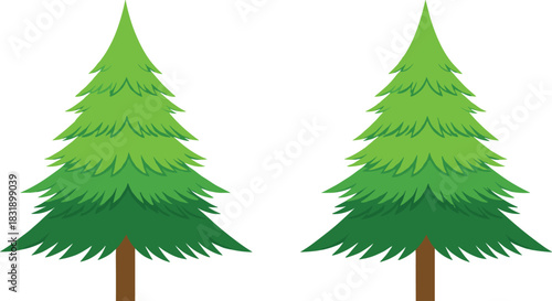 A vector illustration of two stylized green pine trees (fir trees), symbolizing nature, forest, camping, Christmas, winter holidays, and outdoor evergreen environment designs
