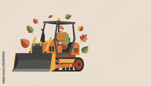 Bulldozer operator surrounded by colorful falling autumn leaves Industrial fall season illustration