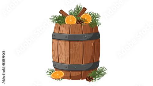 Festive wooden barrel filled with fresh oranges, aromatic cinnamon sticks, and evergreen sprigs for rustic winter holiday decor
