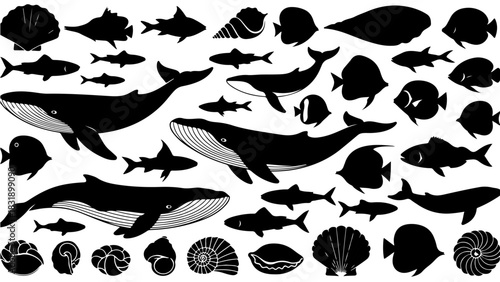 Marine Life Silhouette Collection with Fish, Whales, and Shells – Clean Ocean Vector Set
