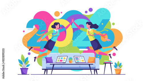 Teamwork success for 2024 Business women highfiving over a workspace Colorful vector illustration