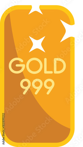 Vector illustration of a shining gold bar with purity sign and glowing stars, isolated on a white background