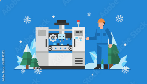 Cold chain production Worker supervising automated industrial manufacturing machine in winter