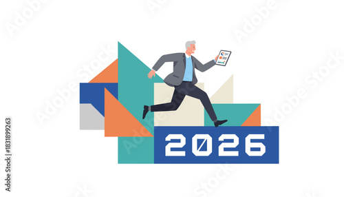 Businessman running toward 2026 focused on progress and future business success with data