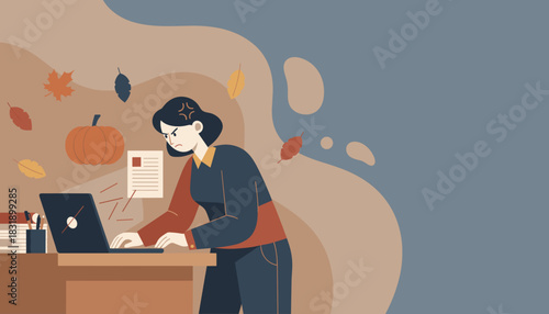 Frustrated woman dealing with work stress and deadlines during the autumn holiday season
