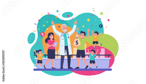 Doctor and happy family celebrate health financial security and insurance benefits