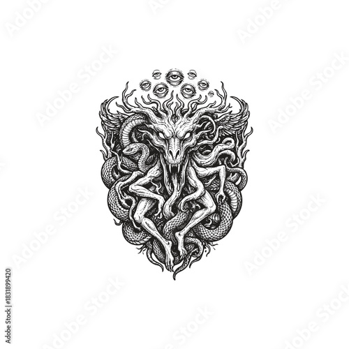 Terrifying dark fantasy illustration of a serpent or dragon monster with multiple eyes, tentacles, and snakes coiled around its body, in a gothic style