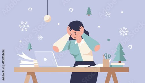Stressed office worker overwhelmed by winter deadlines and holiday workload pressure