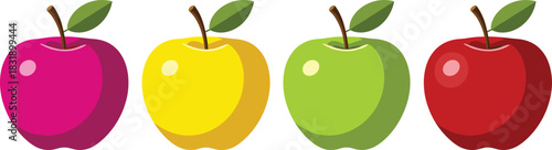 A vector row of four brightly colored, shiny apples—red, green, yellow, and magenta—representing healthy eating, fresh fruit, harvest, education concepts, and organic produce designs
