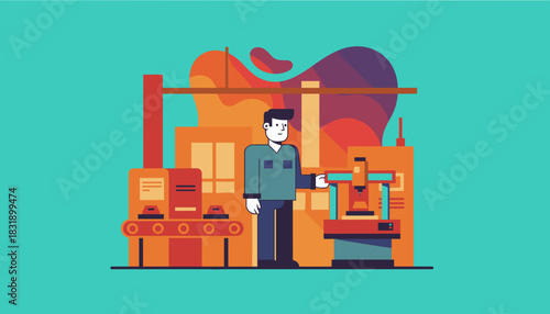 Industry 40 concept technician controls robotic manufacturing and assembly line