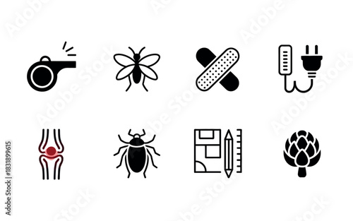 A collection of diverse icons representing health, pests, sports, and technology elements.