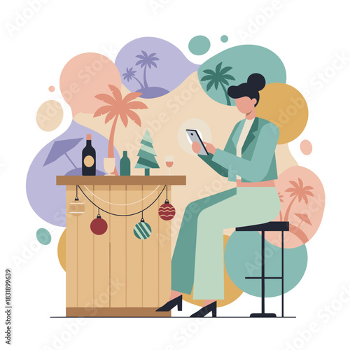 Woman using phone at a holiday tropical bar Christmas vacation and remote work concept