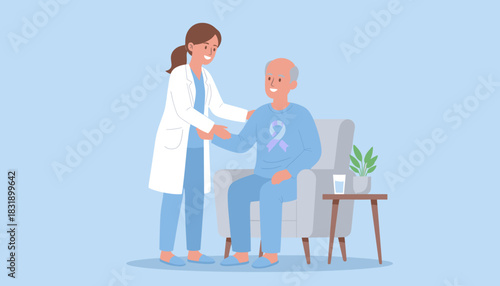 Doctor comforts smiling elderly patient wearing awareness ribbon Healthcare and senior care support