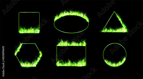 Green fire flame frames, fiery rectangle, triangle, hexagon, oval and circle shapes, burning border vector set