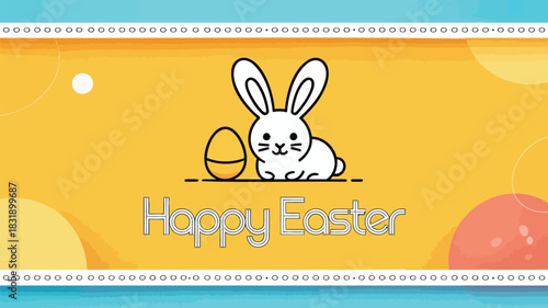 Cute cartoon white bunny rabbit with easter egg and happy easter text on a colorful background