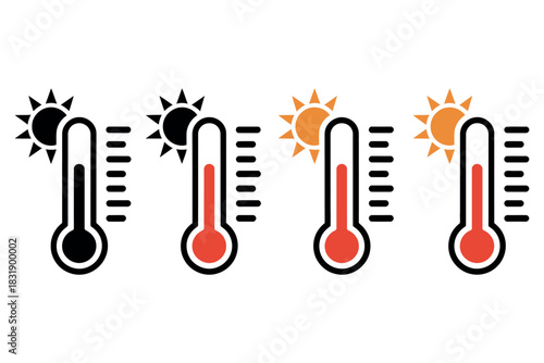 Four thermometers depict varying levels of heat intensity with stylized sun icons.